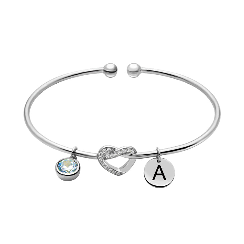 Engraved Initial Heart Bangle with Birthstone