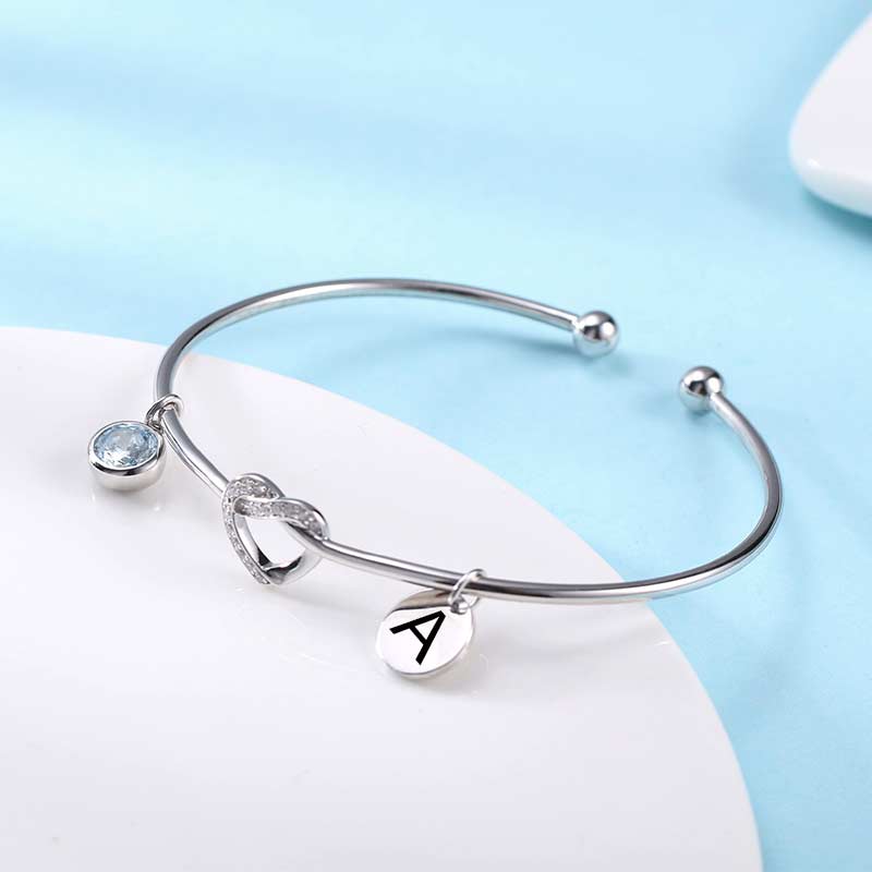 Engraved Initial Heart Bangle with Birthstone