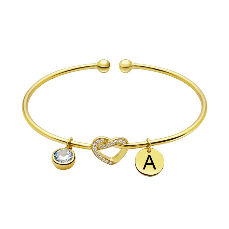 Engraved Initial Heart Bangle with Birthstone