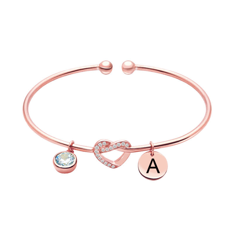 Engraved Initial Heart Bangle with Birthstone