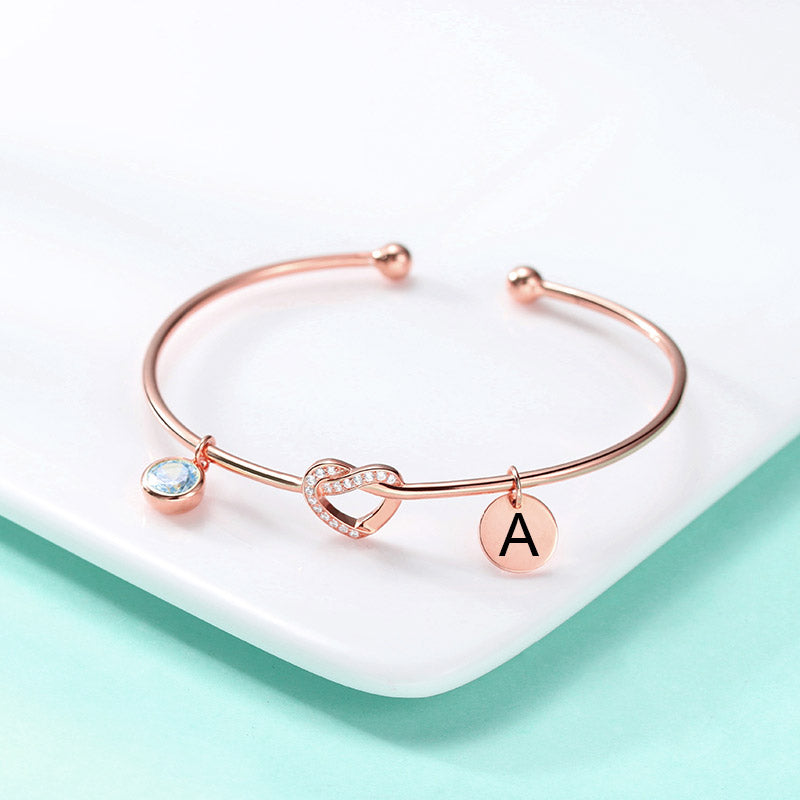 Engraved Initial Heart Bangle with Birthstone