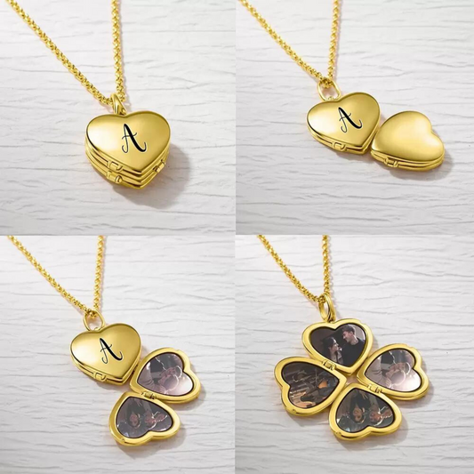 Custom 4 Photo Clover Heart Locket Necklace