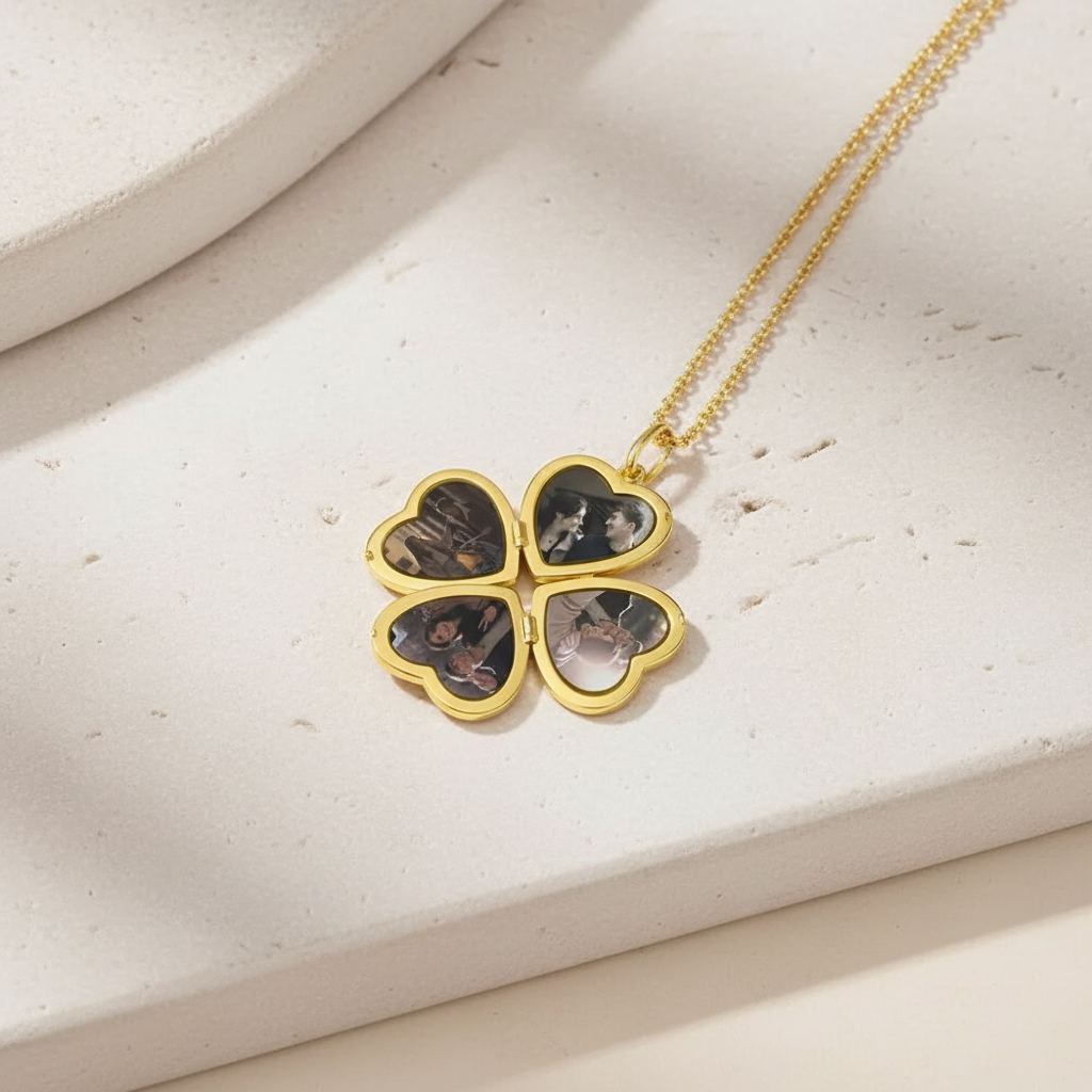 Custom 4 Photo Clover Heart Locket Necklace