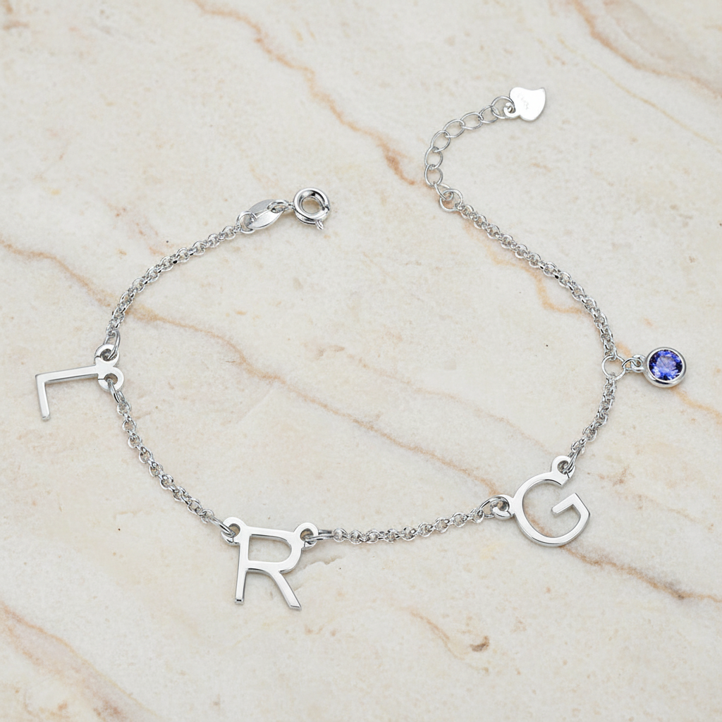 Personalized Initials Anklet with Birthstone 925 Silver