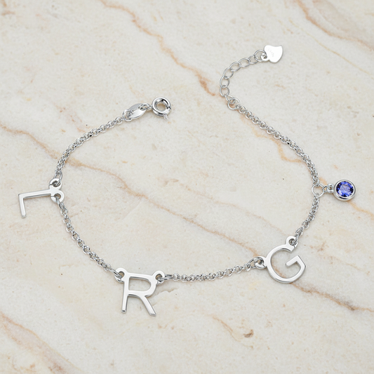 Personalized Initials Anklet with Birthstone 925 Silver