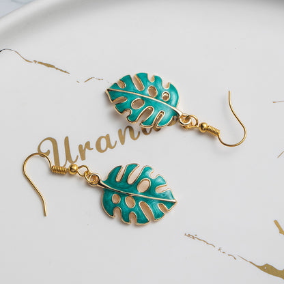 Monstera Teal Enamel Dangle Earrings