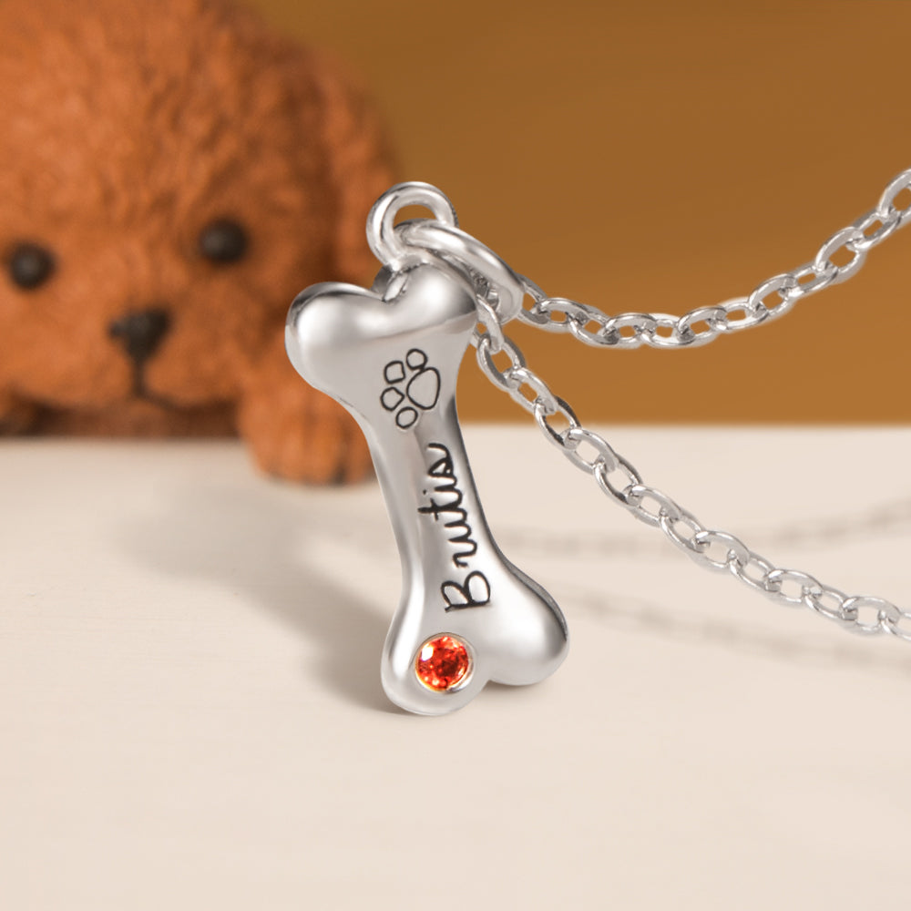 Personalized Pet Name Bone Necklace with Birthstone