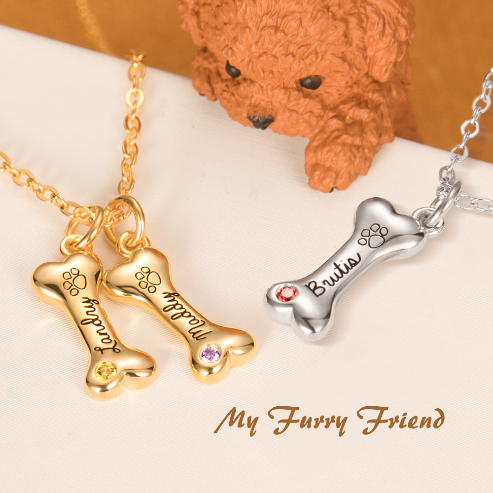 Personalized Pet Name Bone Necklace with Birthstone