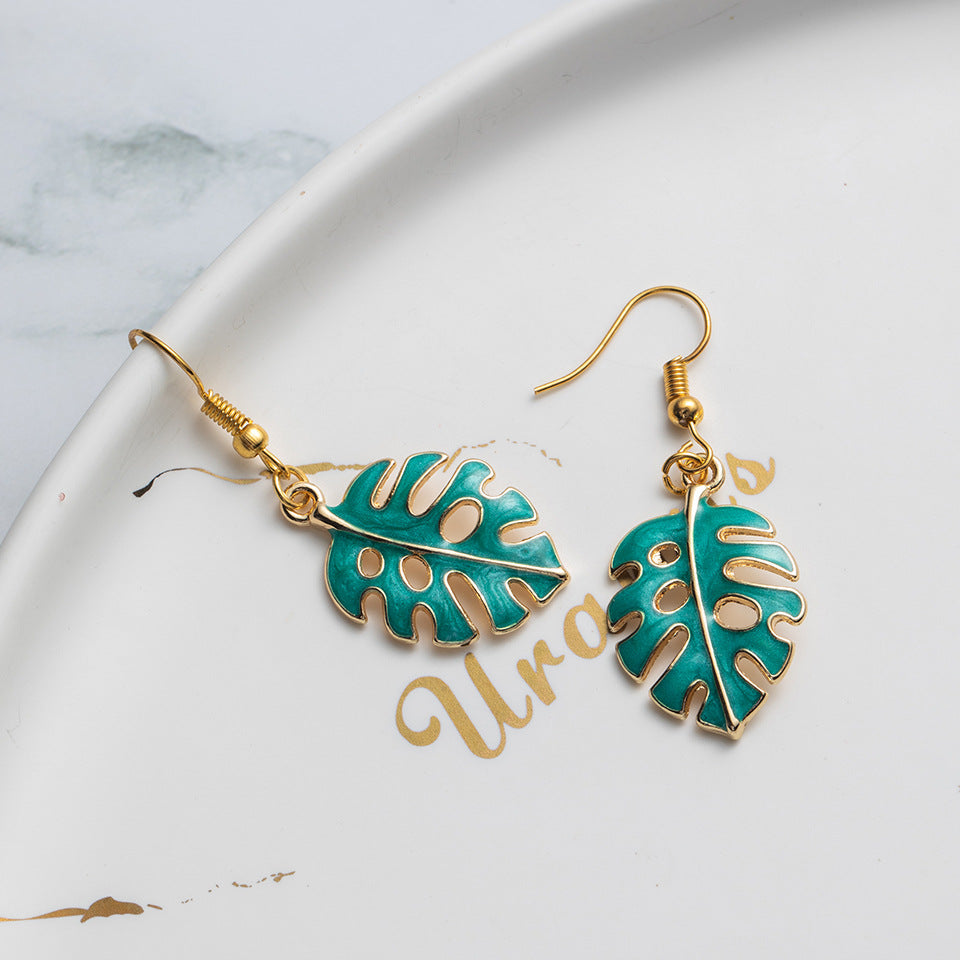 Monstera Teal Enamel Dangle Earrings