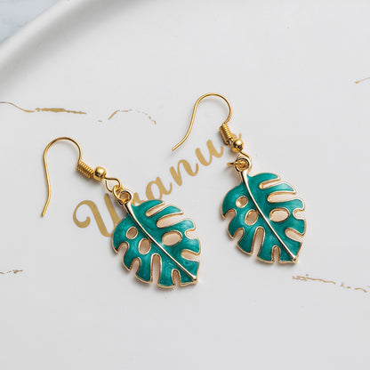 Monstera Teal Enamel Dangle Earrings