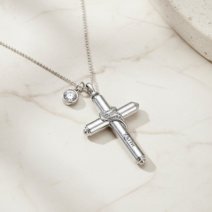 Engraved Cross Birthstone Urn Necklace