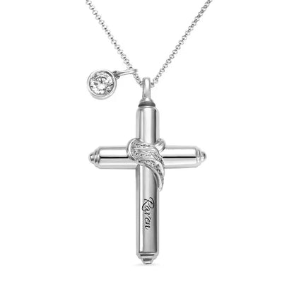 Engraved Cross Birthstone Urn Necklace