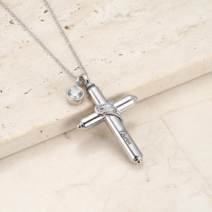 Engraved Cross Birthstone Urn Necklace