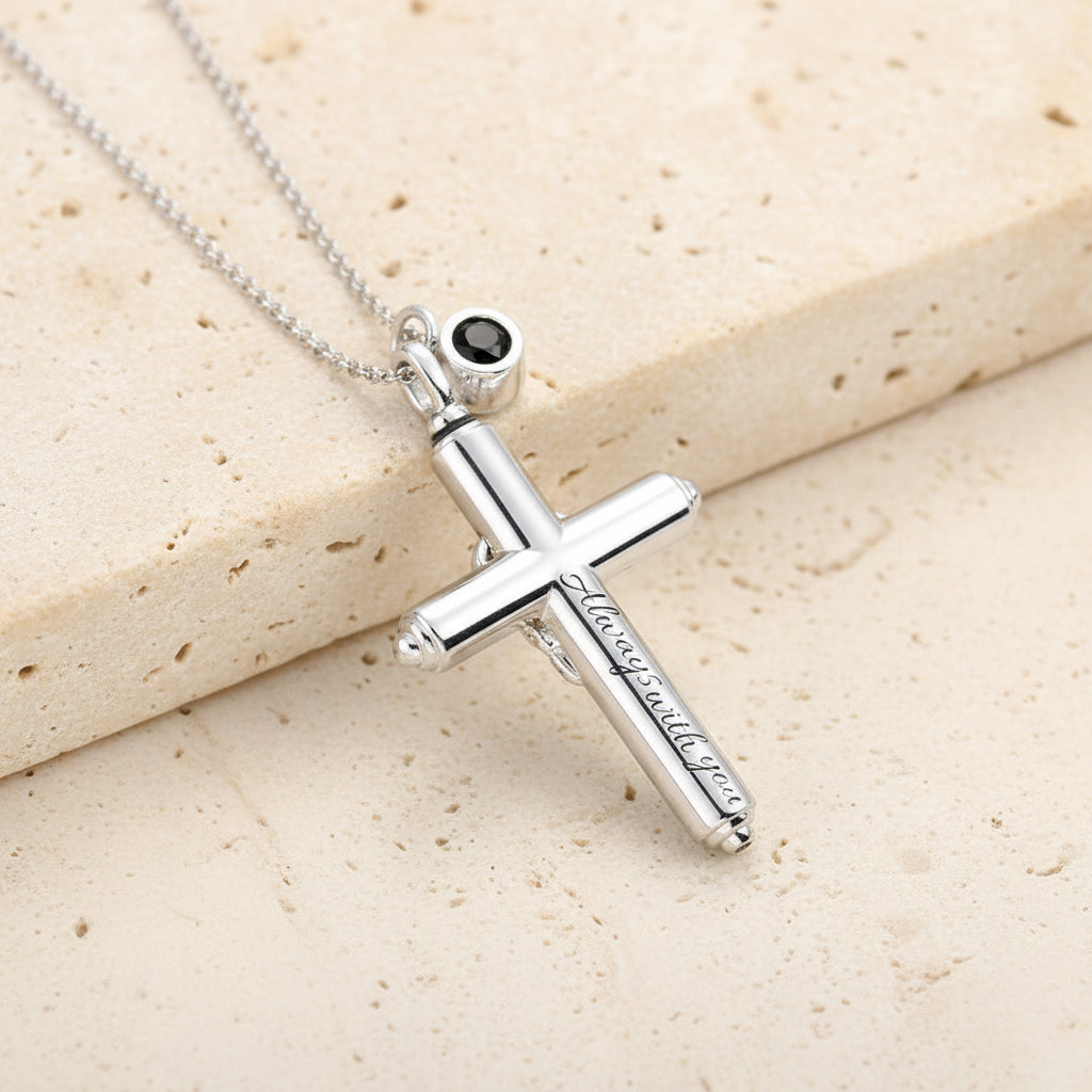 Engraved Cross Birthstone Urn Necklace