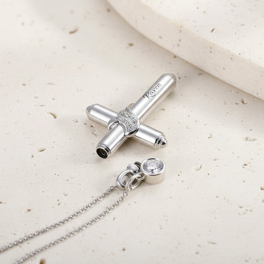 Engraved Cross Birthstone Urn Necklace