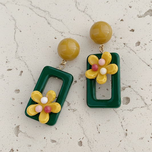 Hawaii Asymmetric Floral Resin Dangle Earrings