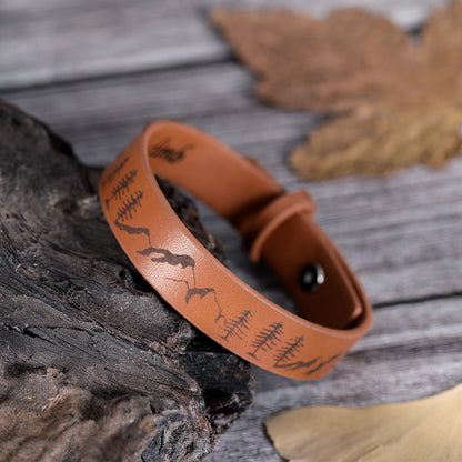 Engraved Mountain Forest Leather Bracelet