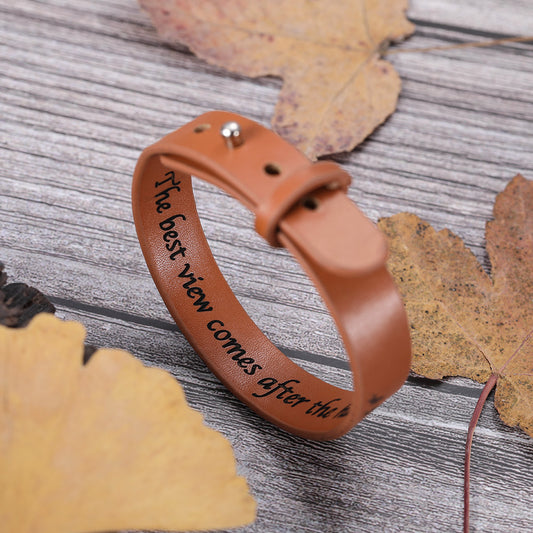 Engraved Mountain Forest Leather Bracelet