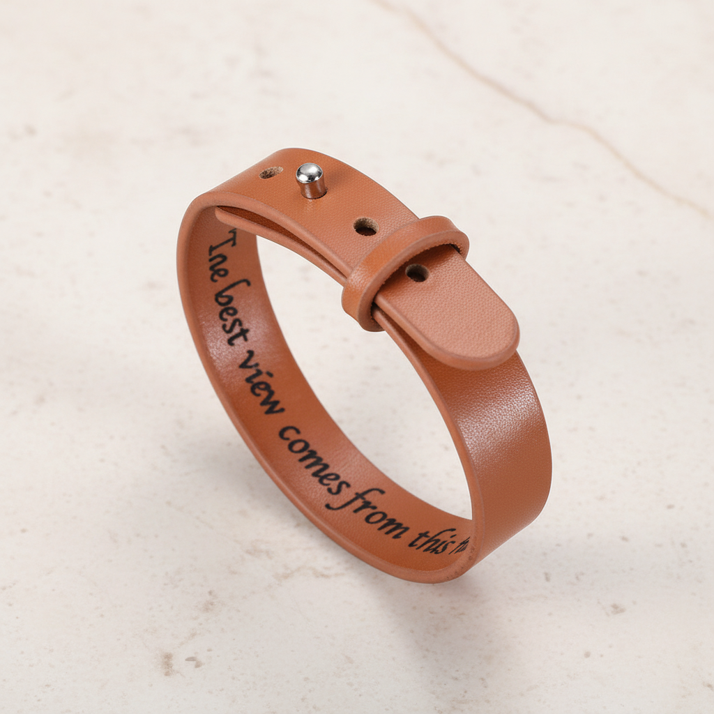 Engraved Mountain Forest Leather Bracelet
