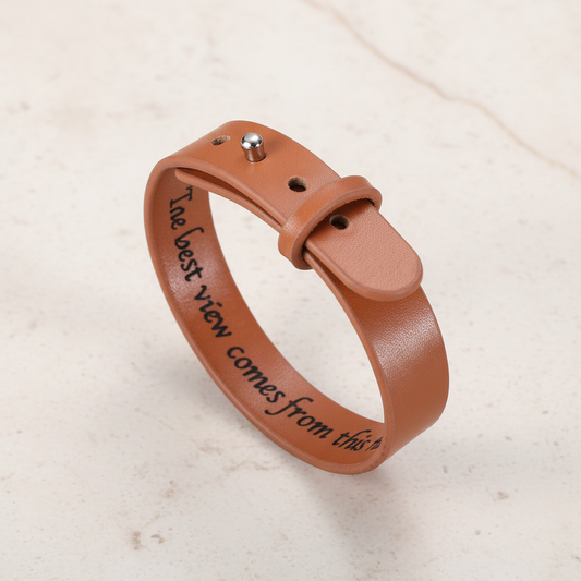 Engraved Mountain Forest Leather Bracelet