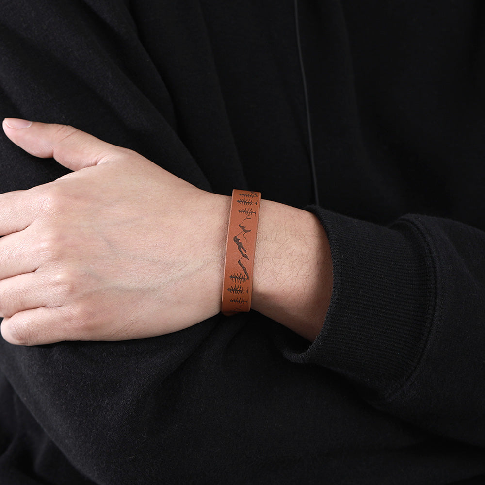 Engraved Mountain Forest Leather Bracelet