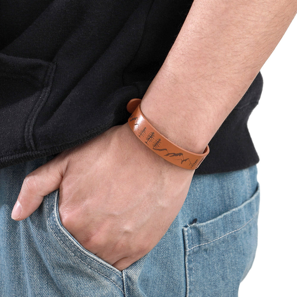 Engraved Mountain Forest Leather Bracelet