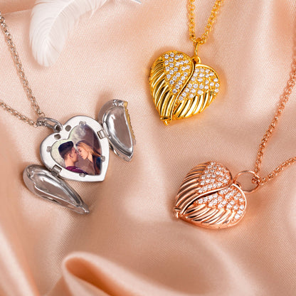 Custom Angel Wings Heart Photo Locket Necklace