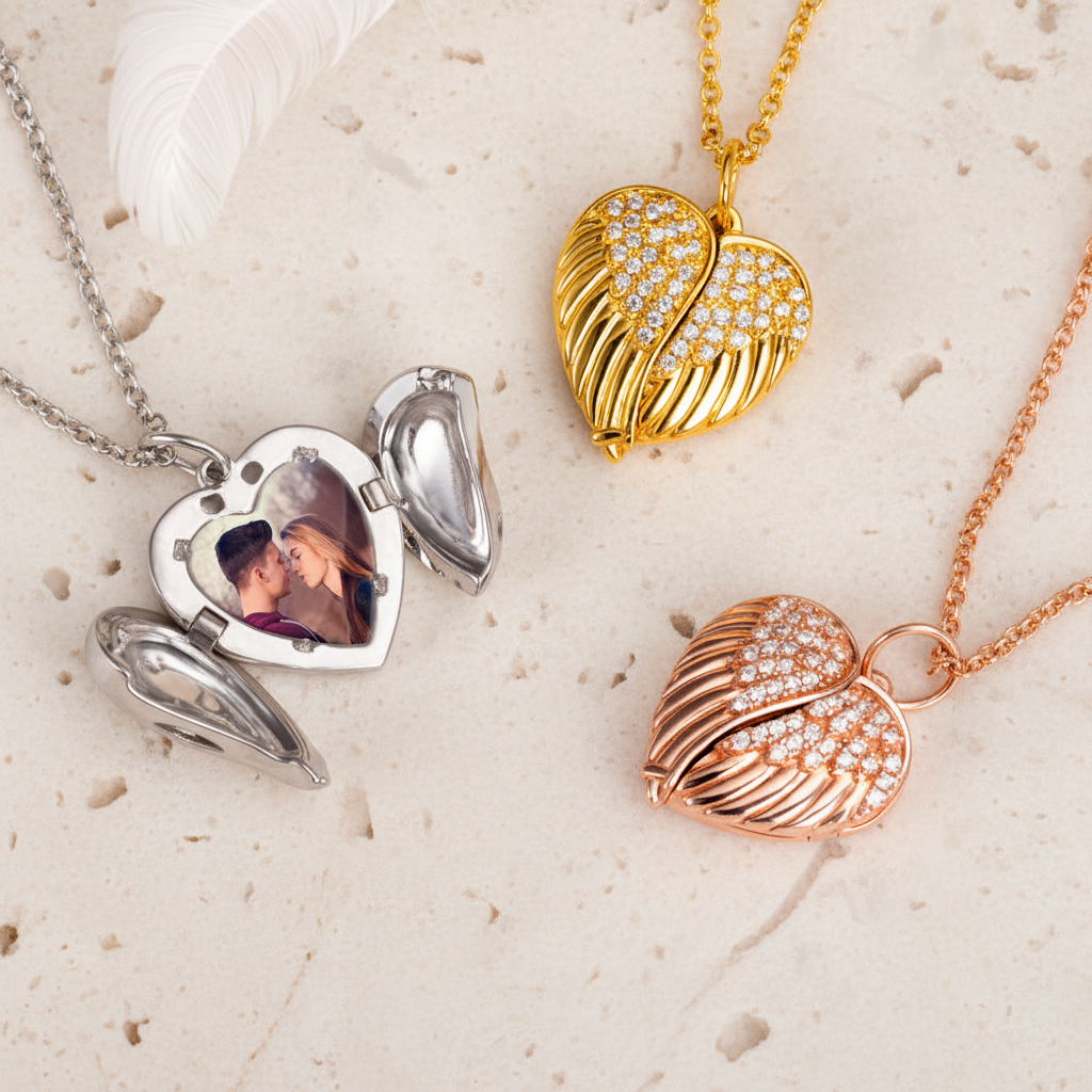 Custom Angel Wings Heart Photo Locket Necklace