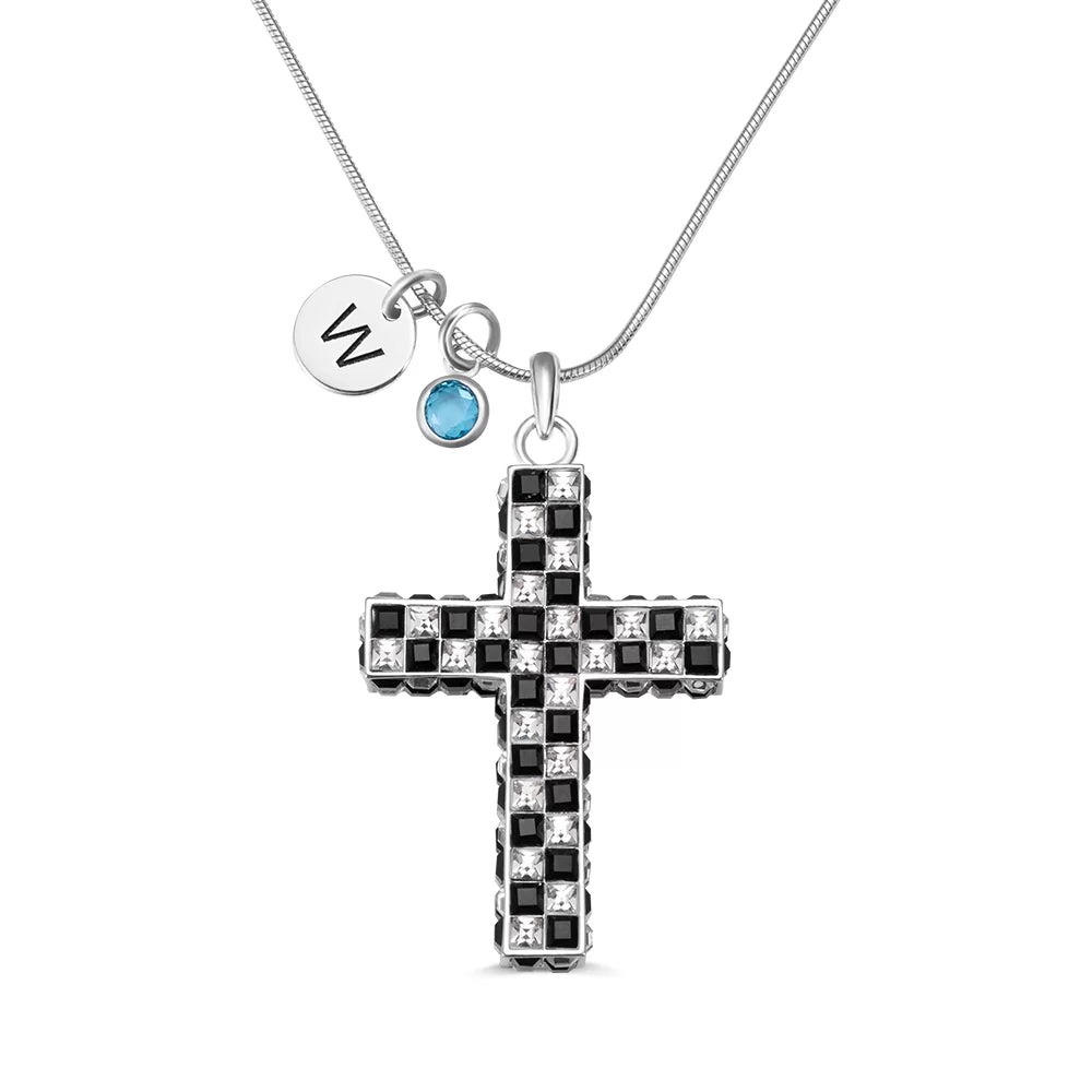 Checkered Cross Necklace with Birthstone & Initial