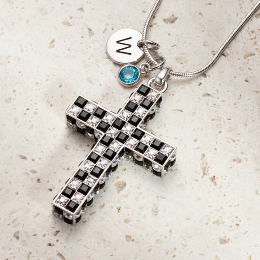 Checkered Cross Necklace with Birthstone & Initial