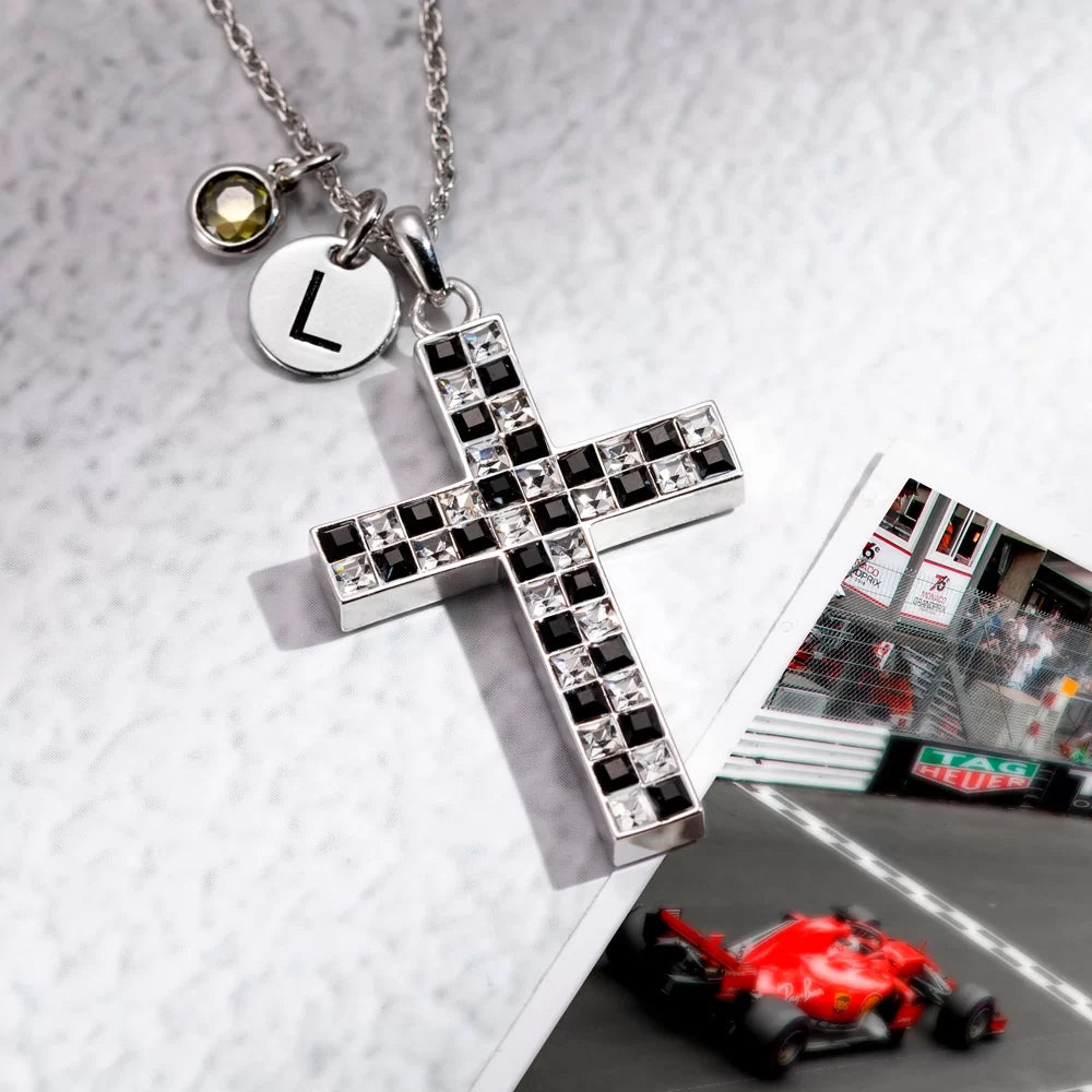 Checkered Cross Necklace with Birthstone & Initial