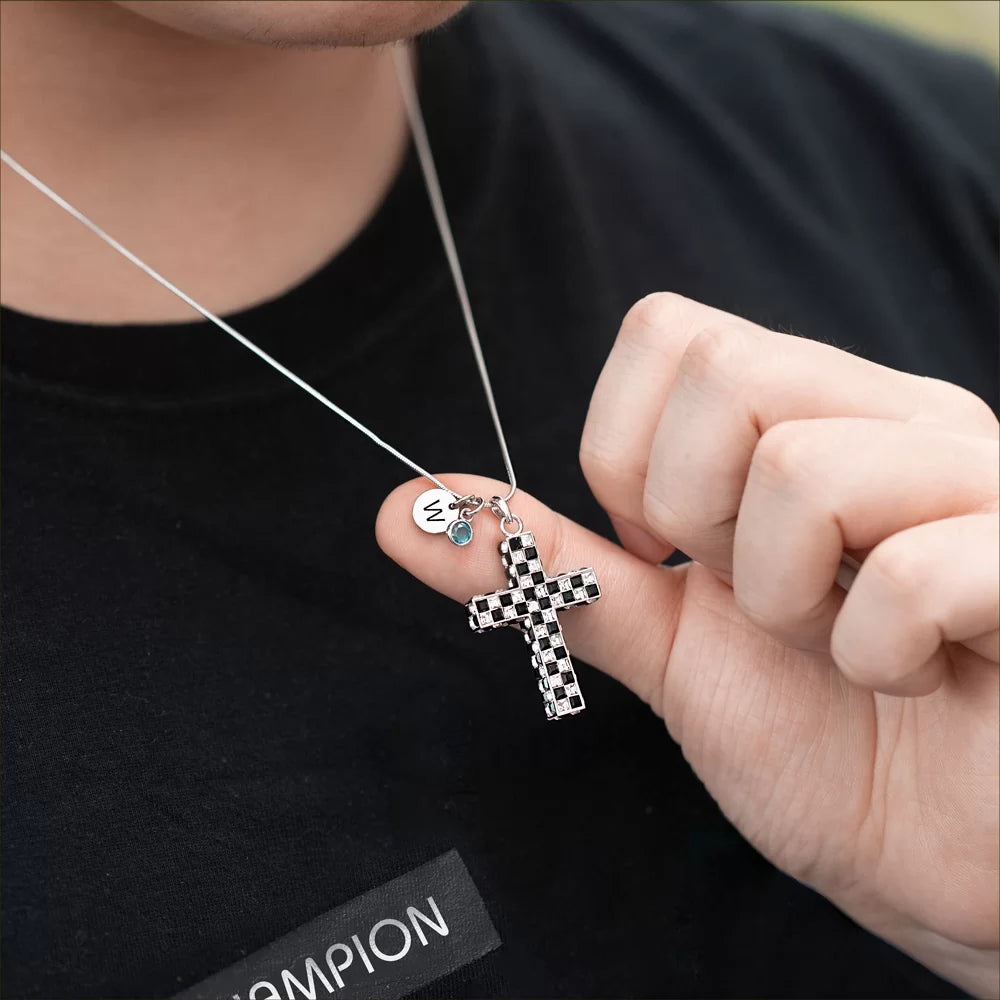 Checkered Cross Necklace with Birthstone & Initial