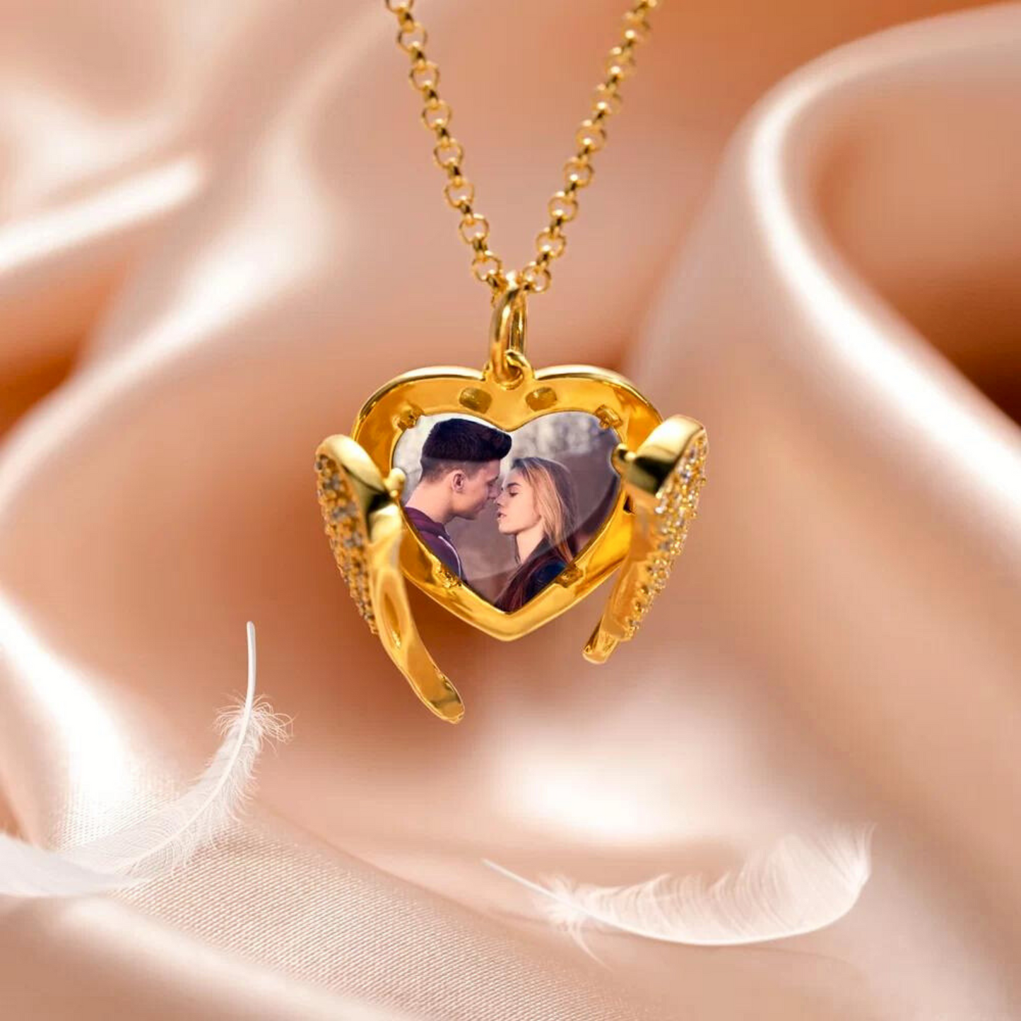 Custom Angel Wings Heart Photo Locket Necklace