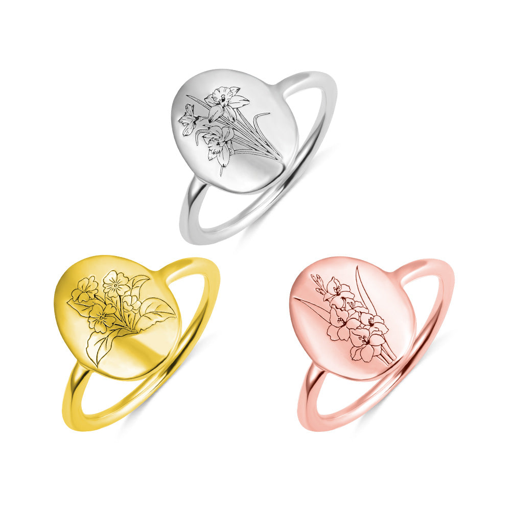 Personalized Birth Flower Signet Ring