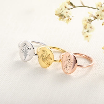 Personalized Birth Flower Signet Ring