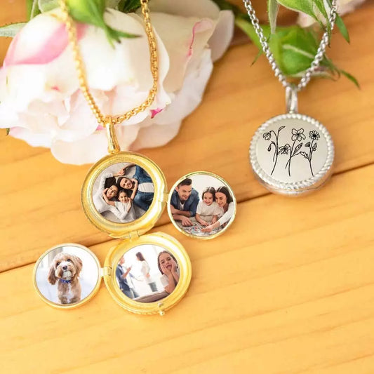 Personalized Birth Flower 4 Photos Locket Necklace