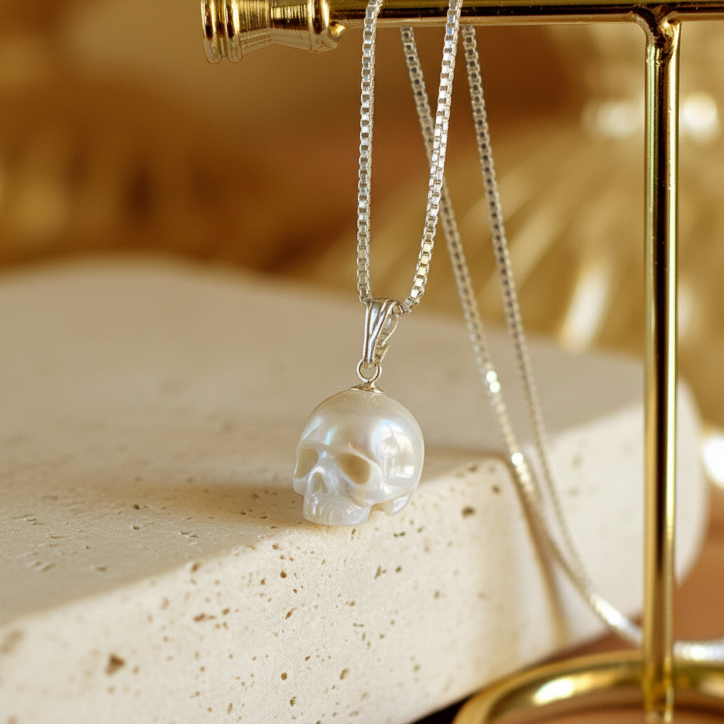 Hand Carved Pearl Skull Necklace