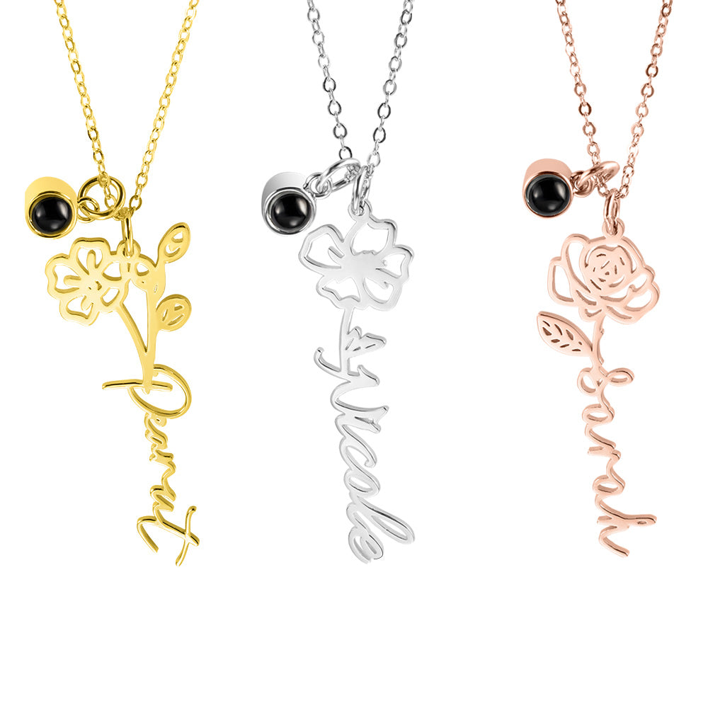 Personalized Birth Flower Name Projection Necklace