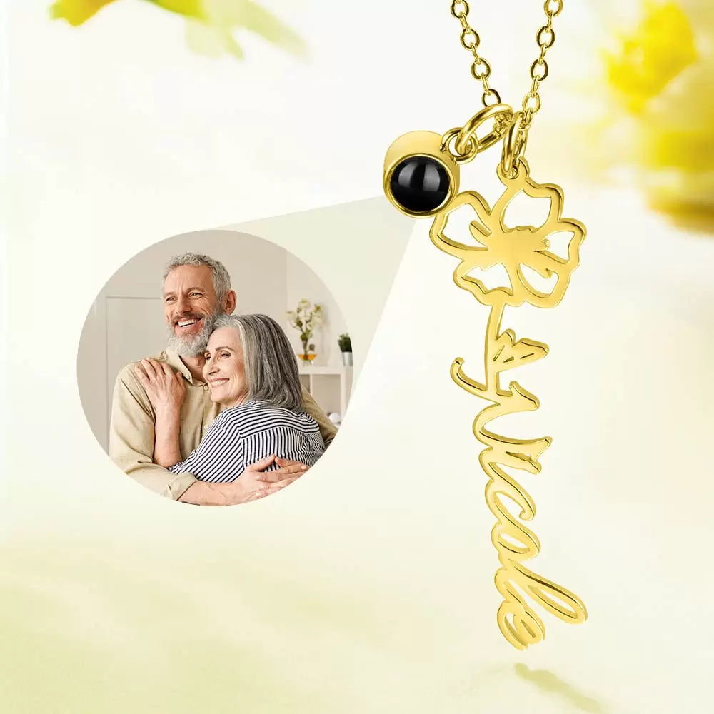 Personalized Birth Flower Name Projection Necklace