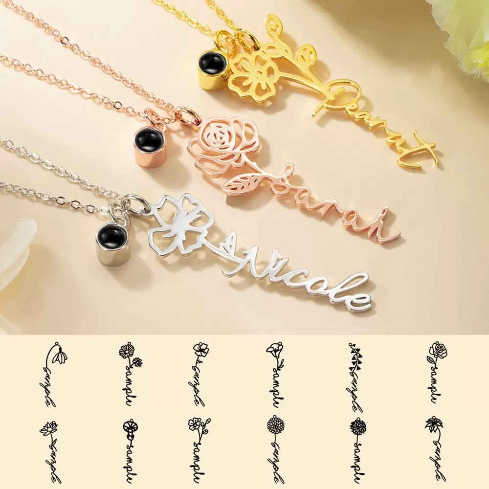 Personalized Birth Flower Name Projection Necklace