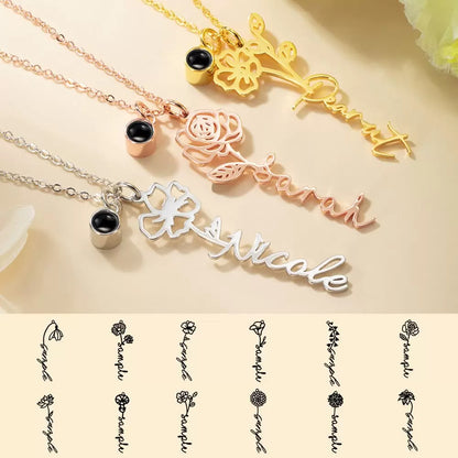 Personalized Birth Flower Name Projection Necklace