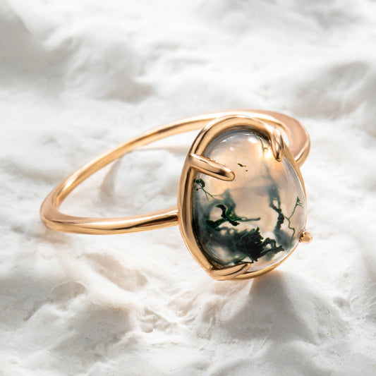 Natural Agate Moss Solitaire Ring