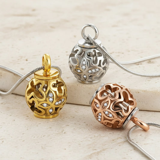 Engraved Butterfly Sphere Urn Necklace