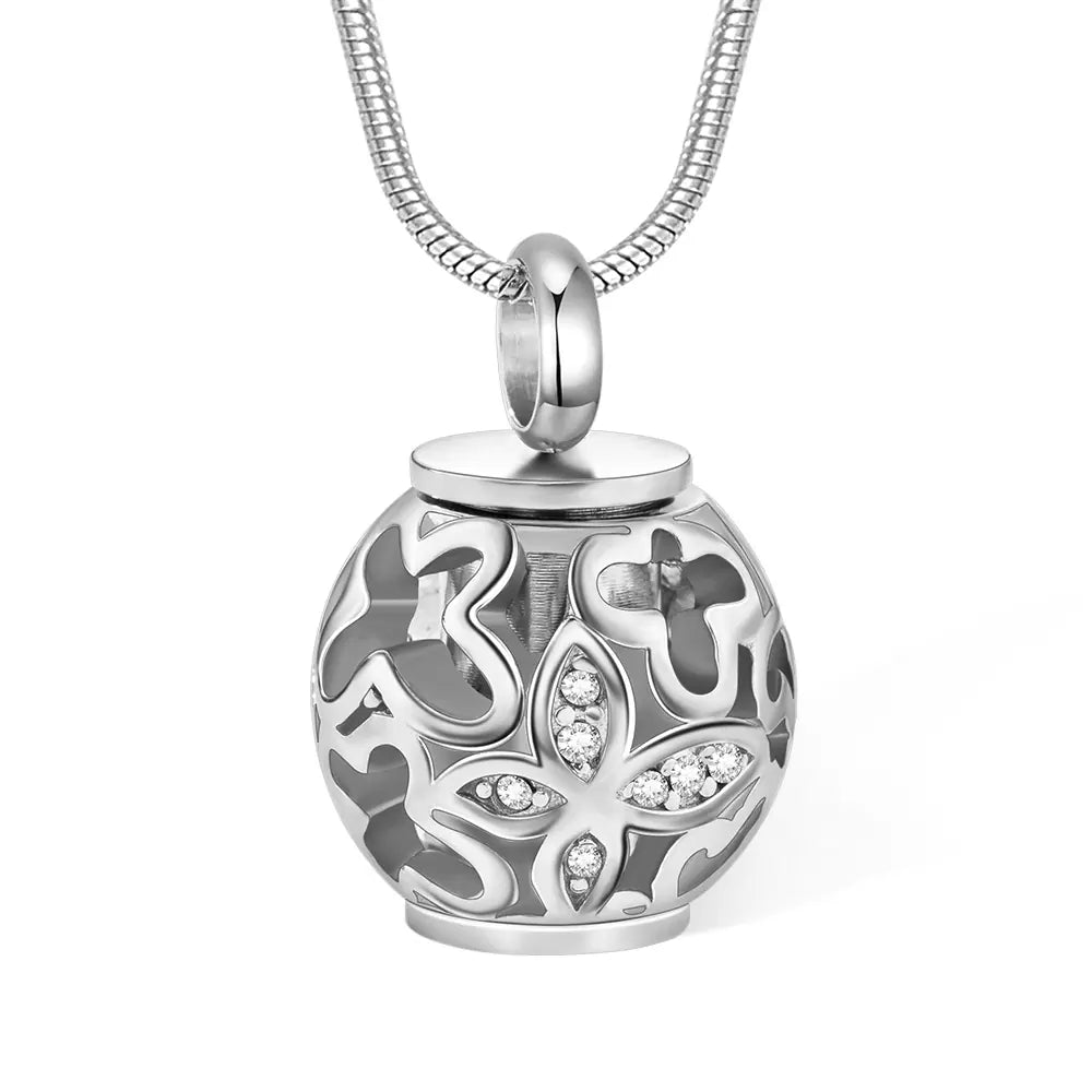 Engraved Butterfly Sphere Urn Necklace