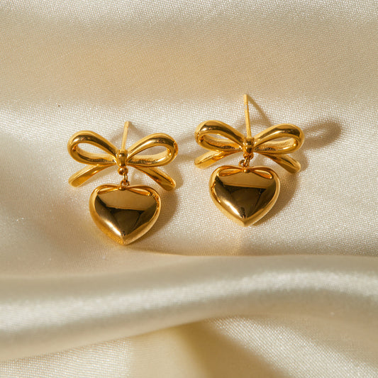 Dainty Bow Heart Dangle Earrings