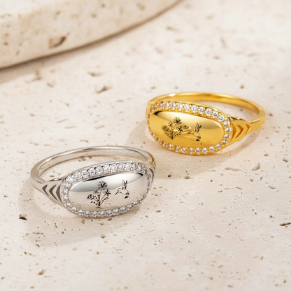 Personalized Birth Flower Hummingbird Ring