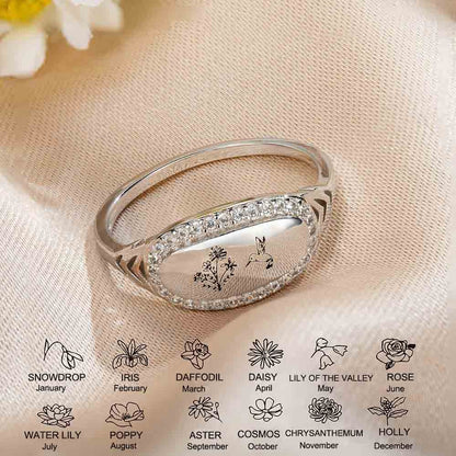 Personalized Birth Flower Hummingbird Ring