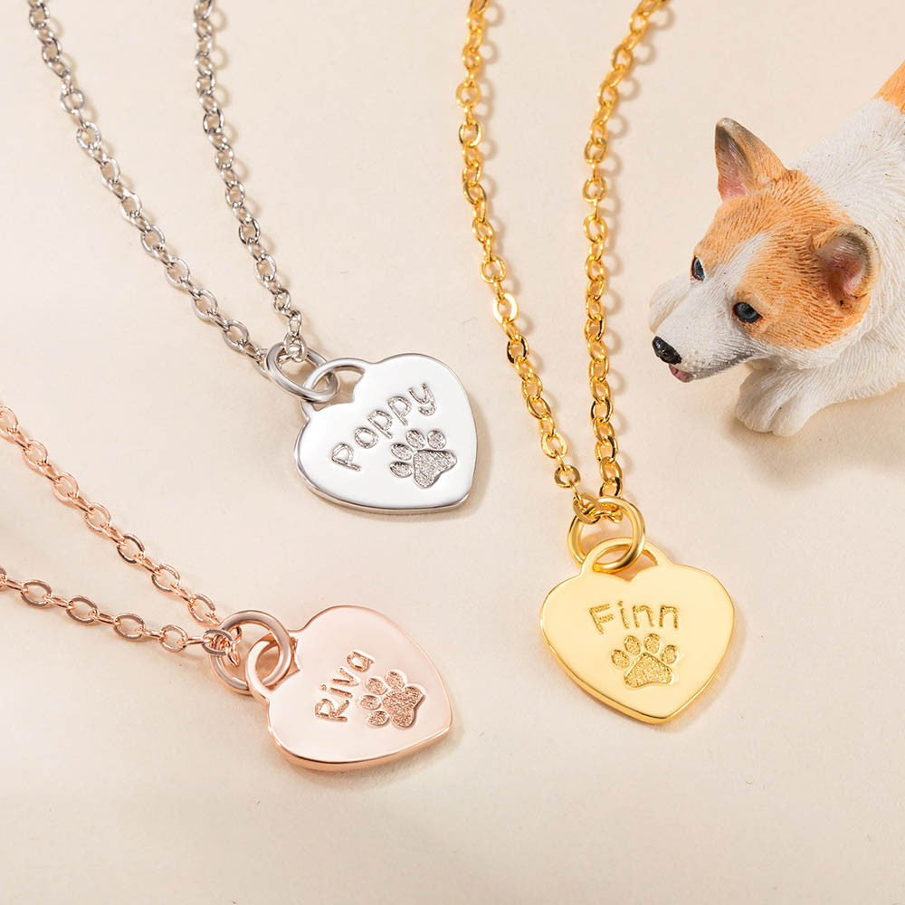 Custom Pet Paw & Name Heart Necklace