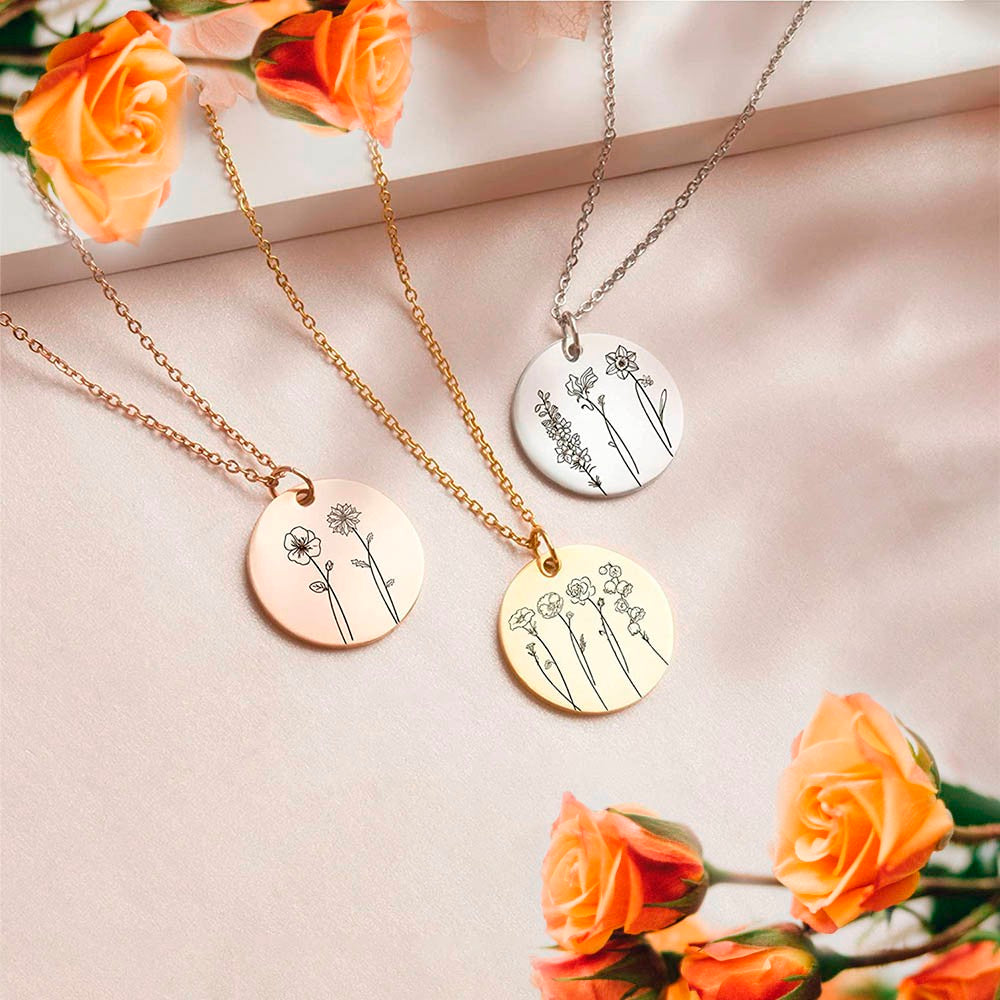 Combined Birth Flowers Engraved Necklace