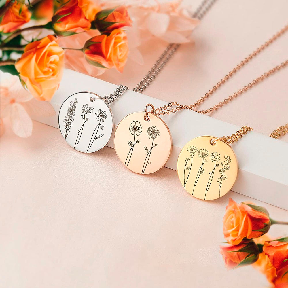 Combined Birth Flowers Engraved Necklace